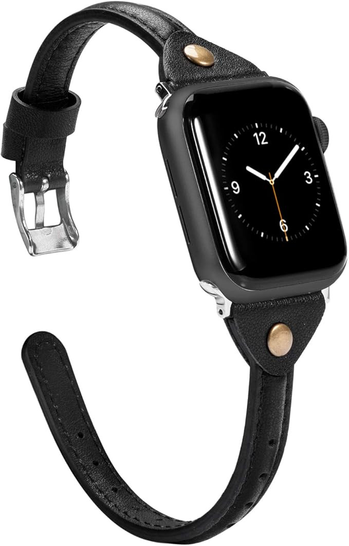 Wearlizer Black Leather Compatible with Apple Watch Band 42mm 44mm for iWatch SE Womens Men Slim ... | Amazon (US)