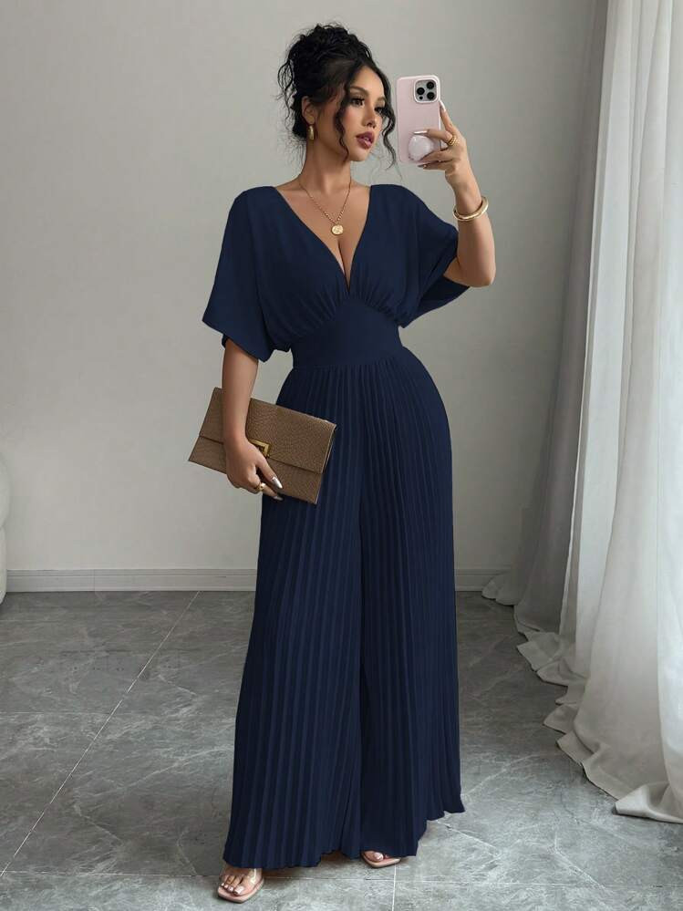 Elenzga Solid Color Deep V-Neck Bell Sleeve Pleated Elegant Women's Jumpsuit | SHEIN