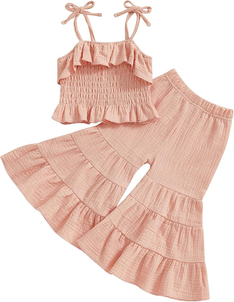Toddler Baby Girl Smocked Outfit Ruffle Halter Shirt Flared Pants Set Toddler Bell Bottom Outfit ... | Amazon (US)