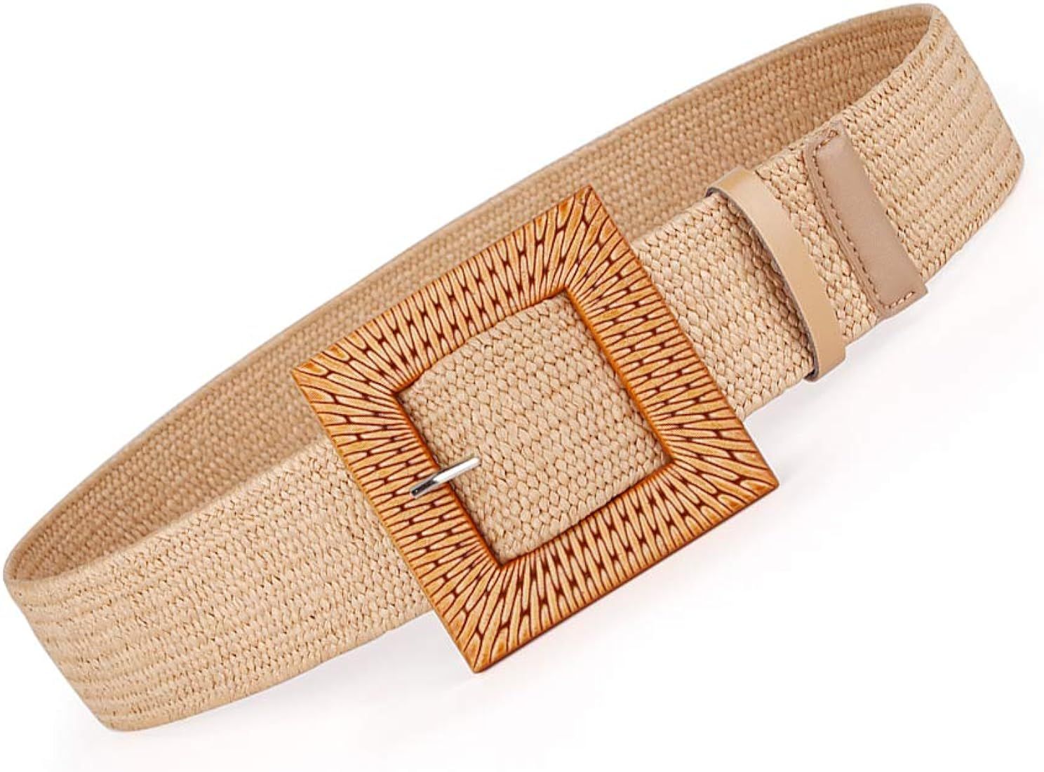 Women Belts For Dresses, Elastic Straw Rattan Waist Band With Large Buckle | Amazon (US)