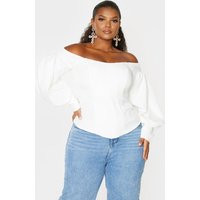 Plus White Bardot Balloon Sleeve Corset Top | PrettyLittleThing US