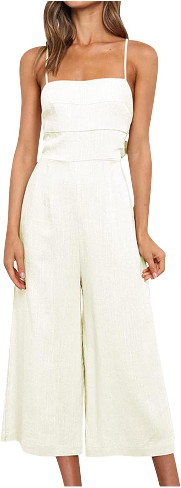 Bing-BBsusus Women's Sexy Spaghetti Strap Bodysuit Solid Back Tie Bowknot Casual Wide Leg Jumpsui... | Amazon (US)