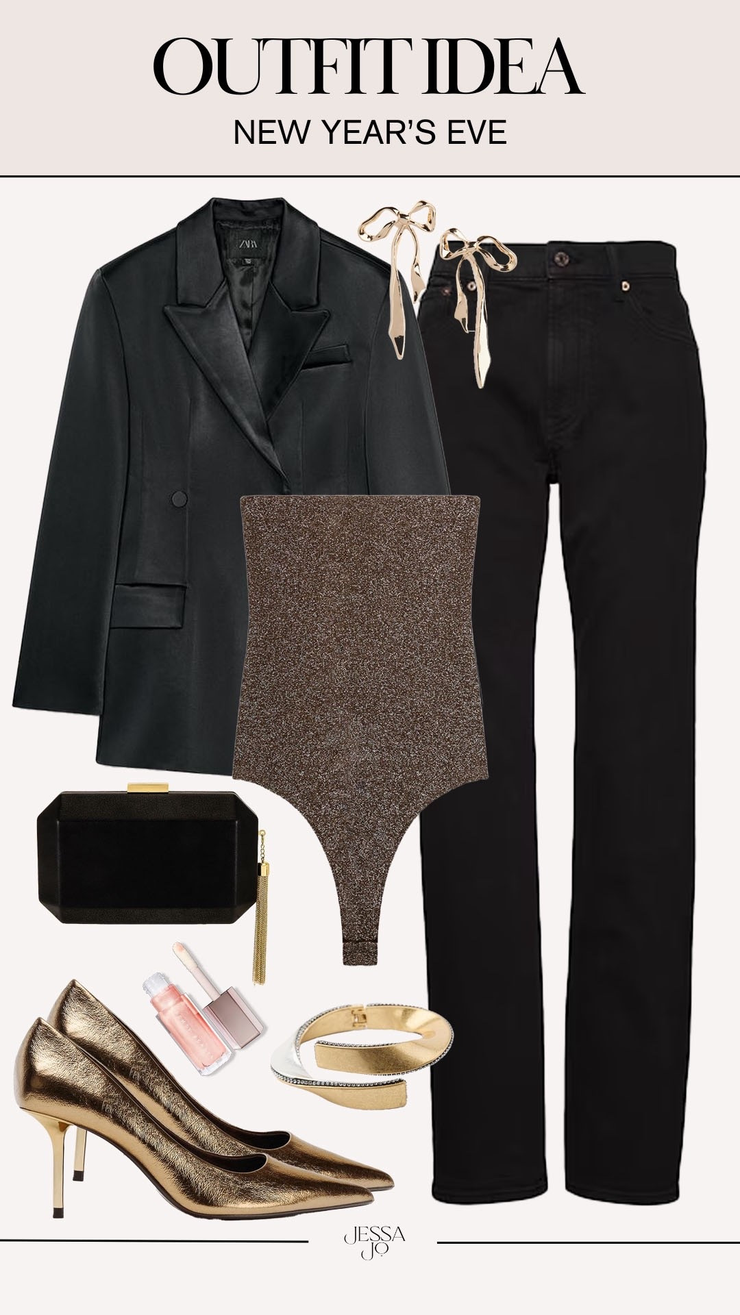 Chic New Year’s Eve outfit idea. Dressy New Year’s Eve outfit. NYE outfit idea. Shimmer NYE bodysuit. Satin blazer. Satin oversized blazer. Gold heels. Gold and black New Year’s Eve outfit  

#LTKSeasonal #LTKHoliday #LTKFindsUnder100