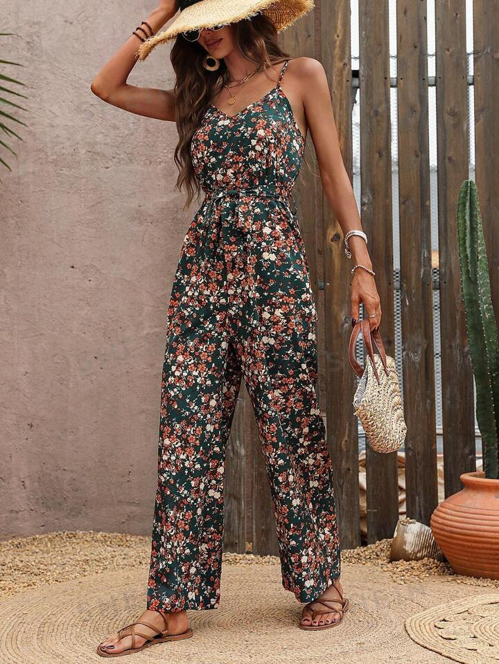 SHEIN VCAY Women's Full Print V Neck Cami Jumpsuit, Suitable For Summer, Vacation, Beach | SHEIN