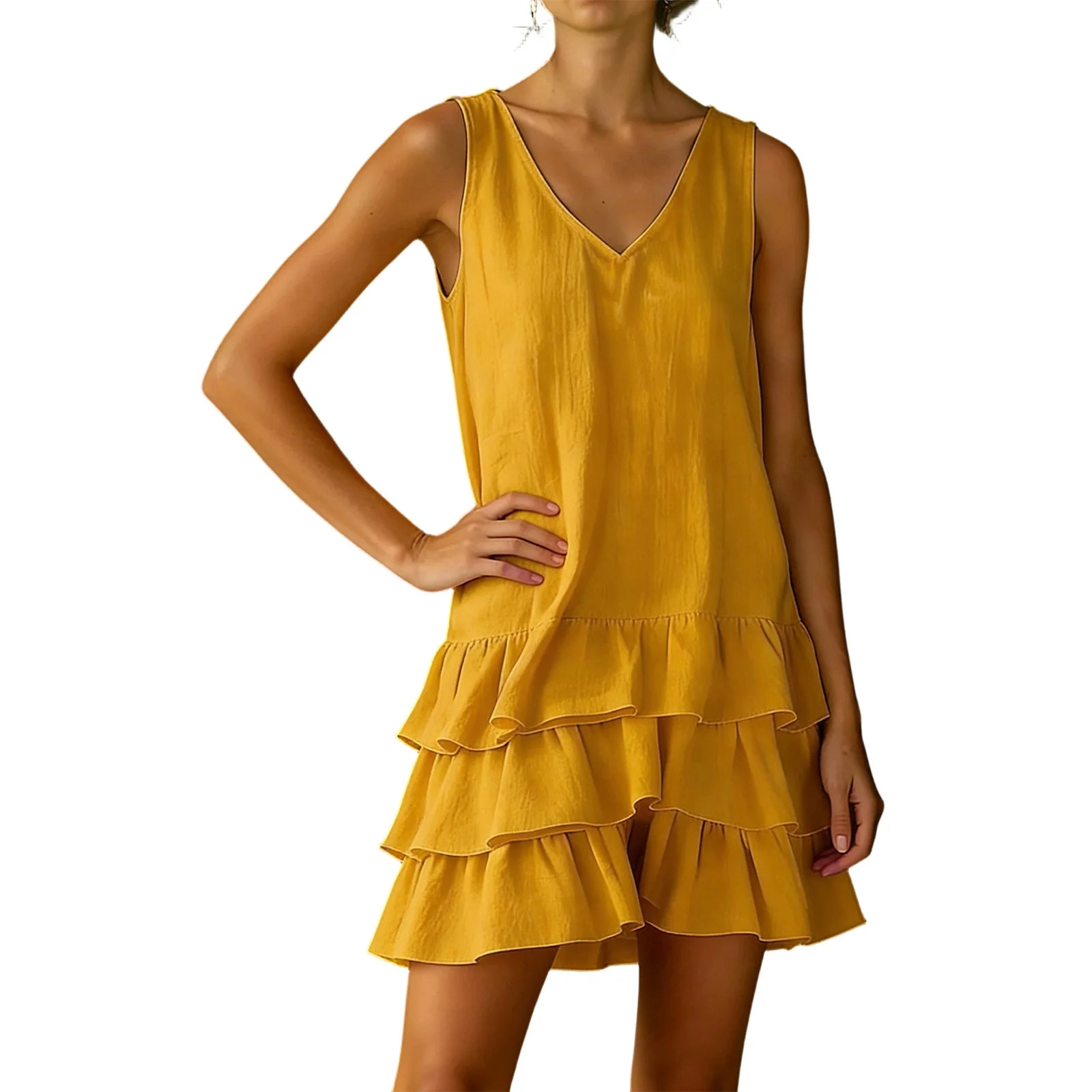 Women's Cotton Linen V Neck Sleeveless Mini Dress Babydoll Summer Cute Layered Ruffle Swing Tank ... | Walmart (US)