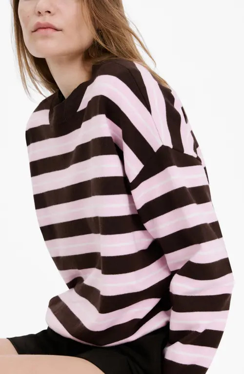 MANGO Mixed Stripe Crewneck Sweater in Chocolate at Nordstrom, Size Medium | Nordstrom
