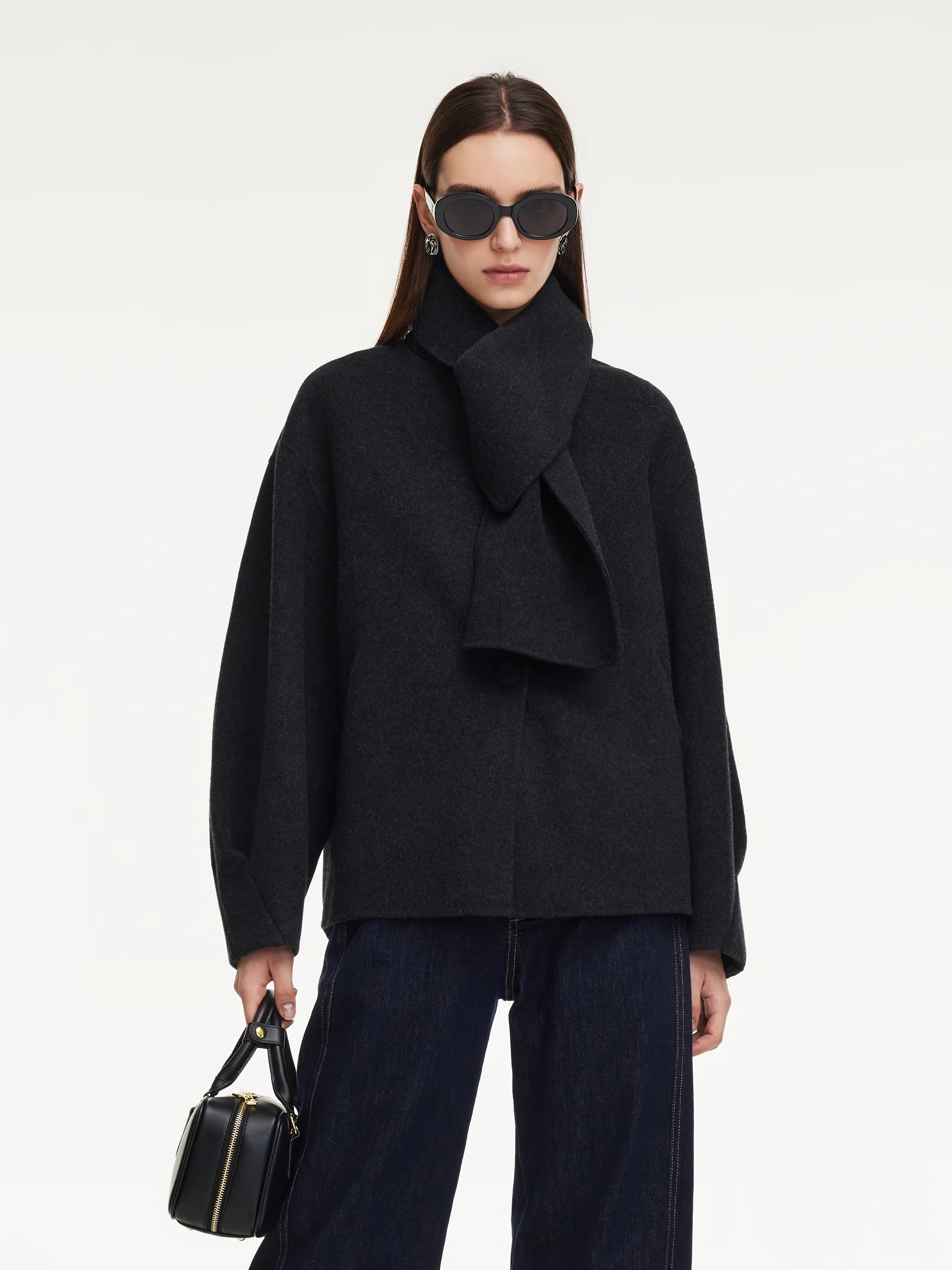 Yak Tencel Wool Blend Double-Faced Women Jacket With Scarf | GOELIA