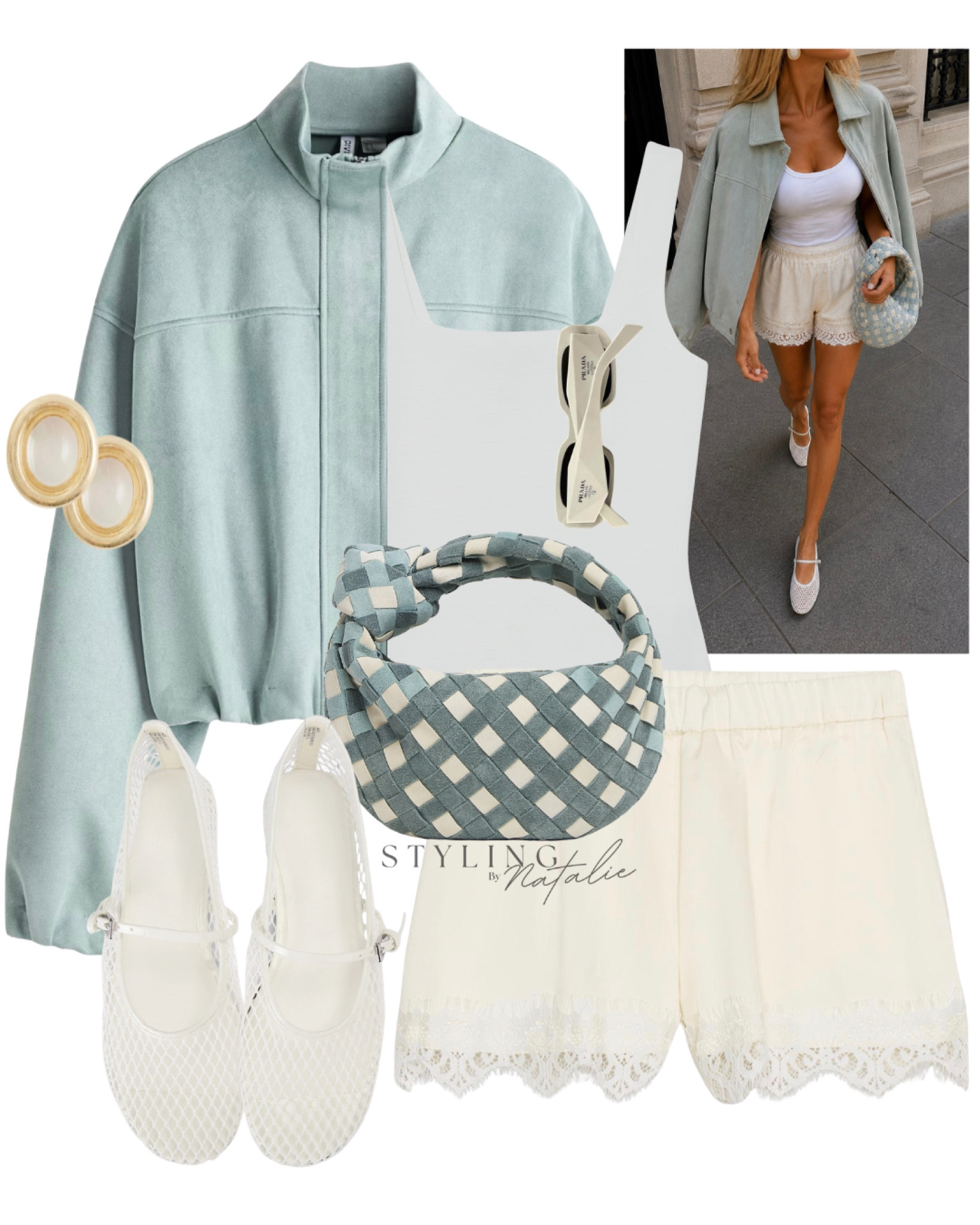 Dusty turquoise suede oversized bomber jacket, cream satin shorts with lace trim,  vest top, Bottega Veneta mini bag, mesh Mary Jane ballet flats, pearl oval earrings, Spring fashion, London streets set style, Zara, date night outfit

#LTKspring #LTKdatenight #LTKuk
