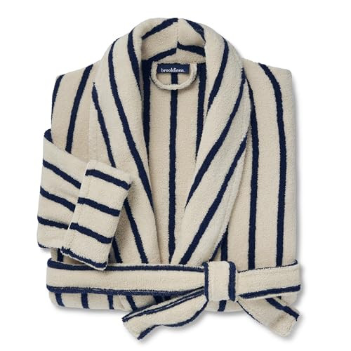 Brooklinen Luxury Cotton Bath Robe, OEKO-TEX Certified, Ultra Soft, Adjustable, Plush & Machine Washable – Premium Turkish Plush Robes for Women & Men (Striped Midnight Navy, Medium) | Amazon (US)