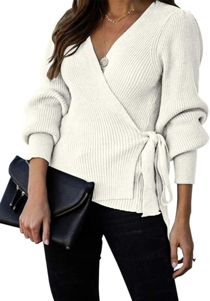 KIRUNDO Women’s 2021 Fall Winter Sexy V Neck Oversized Sweater Balloon Sleeve Ribbed Wrap Chunky Kni | Amazon (US)