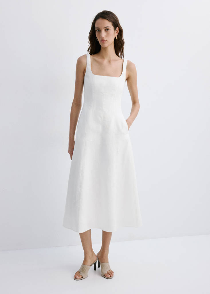 A-line linen dress with pockets white - Women - 4 - MANGO | Mango (US/MX/AU)