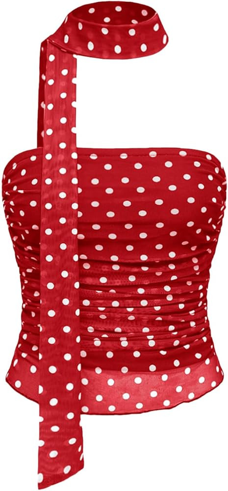 Womens Y2k Polka Dot Mesh Crop Tube Top with Scarf Sleeveless Strapless Cute Fitted Ruched Bandea... | Amazon (US)