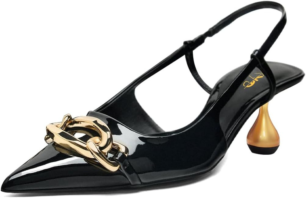 XYD Women Gold Chain Pointed Toe Slingback Heels Pumps Closed Toe Slip On Metal Block Low Heels O... | Amazon (US)