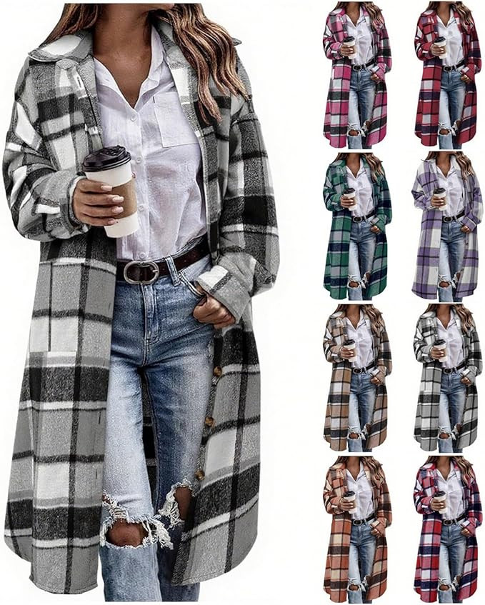 Flannel Shirt Women Plaid Jacket Womens Shacket Casual Lapel Button Down Long Sleeve Trench Coat ... | Amazon (US)