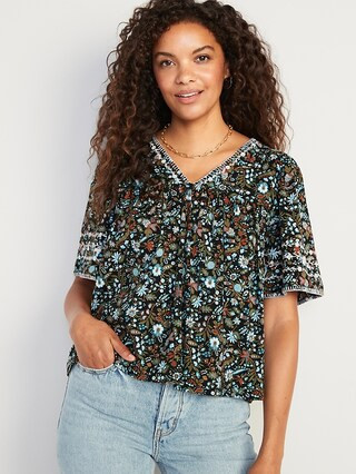 V-Neck Floral Embroidered Swing Blouse for Women | Old Navy (US)