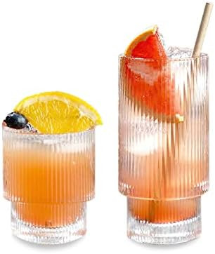 Amazon.com | Origami Style Glass Cups Sef of 2, Ribbed Glassware Stackable Fluted Vintage Transpa... | Amazon (US)