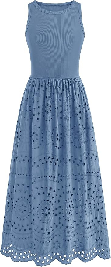 dowerme Women Summer Dresses 2026 Casual Sleeveless Crewneck A-Line Boho Lace Eyelet Cotton Tank ... | Amazon (US)