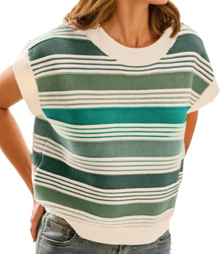 FireSwan Womens Cap Sleeve Sweater Vest Striped Color Block Loose Tank Tops Trendy Vacation Outfi... | Amazon (US)