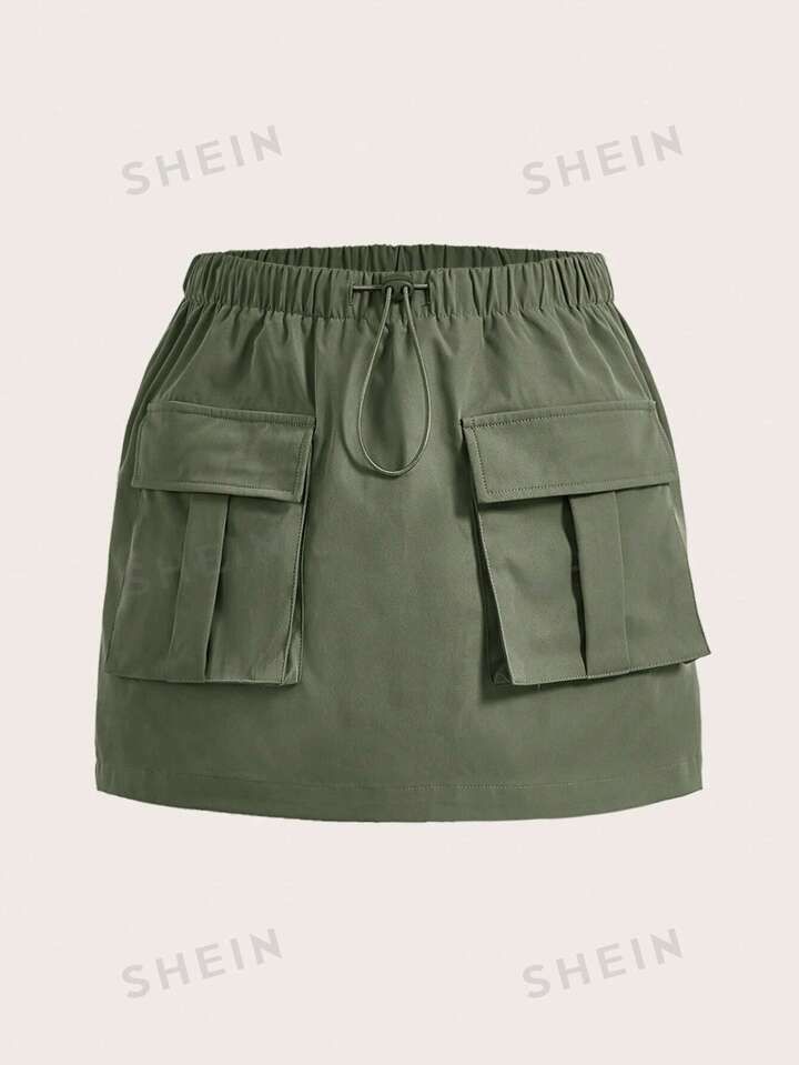 SHEIN EZwear Solid Color Flap Pocket Drawstring Waist Cargo Skirt | SHEIN