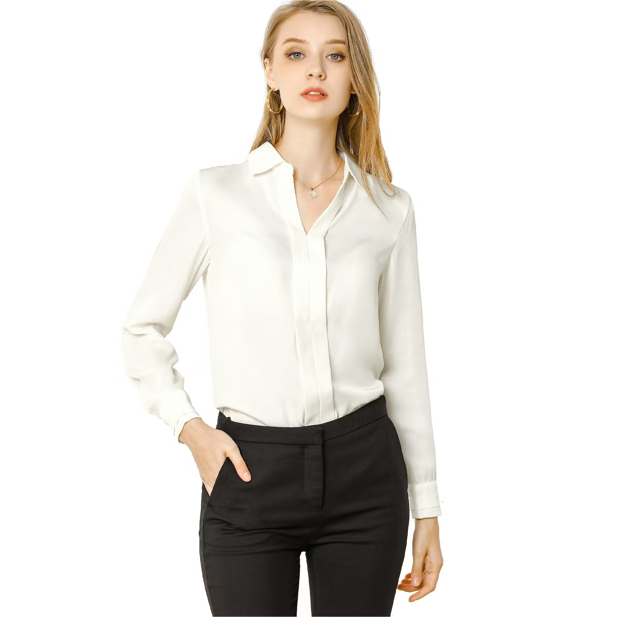 Allegra K Women's Elegant V Neck Long Sleeve Office Work Satin Blouse White Small | Target