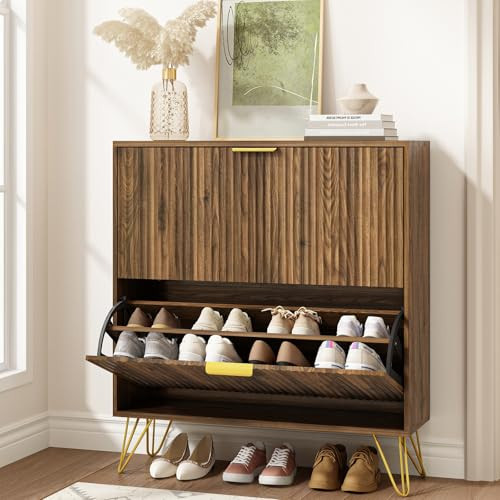 Shoe Cabinet with 2 Flip Drawers Walnut, Fluted Shoe Cabinet Storage for Entryway Slim, Mid Centu... | Amazon (US)
