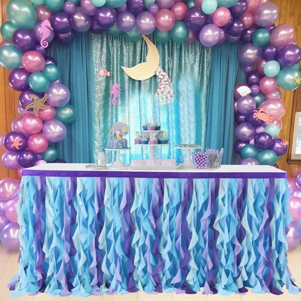 Table Skirt, 6FT LONGRV Curly Willow Tulle Ruffle Table Skirt for Baby Shower, Baby Mermaid Shark... | Walmart (US)