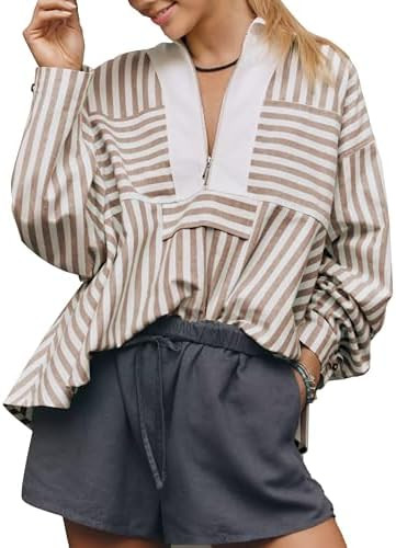 Women's Half Zip Striped Shirt Casual Ruffled Long Sleeve Oversized Loose Blouse Tops | Amazon (US)