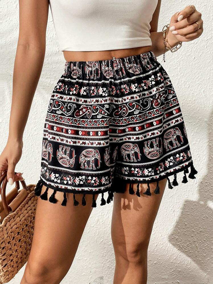 SHEIN VCAY Elephant Print Tassel Trim Shorts | SHEIN