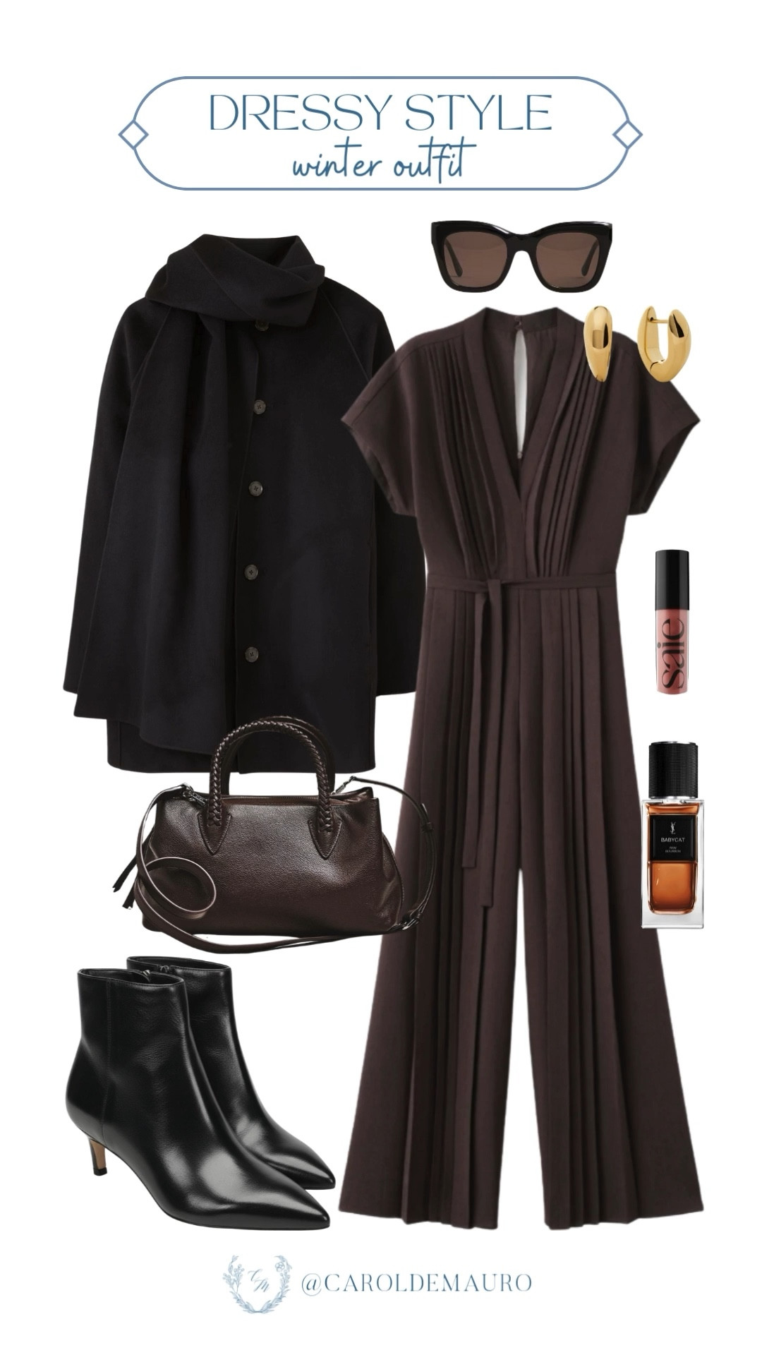 Don't let the winter breeze dull your style when you wear this rich brown jumpsuit paired with an oversized scarf coat! Finish the look with black leather ankle boots and sunglasses.

dressy style, winter outfit, fashion inspo, monochromatic look, business casual, work to weekend, corporate girl, fashion accessories

#LTKFindsUnder50 #LTKU #LTKSeasonal