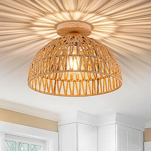 Rattan Ceiling Light Fixtures Boho Chandelier Rattan Flush Mount Ceiling Light Hand-Woven Cage Shade | Amazon (US)