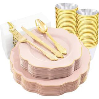 Pink and Gold Disposable Plastic Plates with Silverware - 175-Pieces for Weddings and Parties | The Home Depot