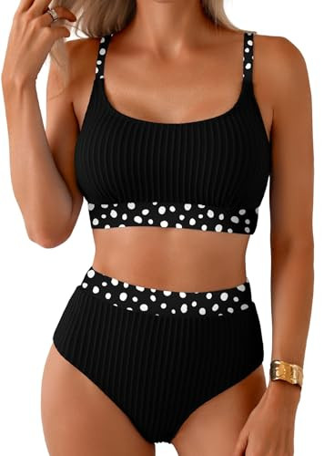 Herseas Women's Textured Bikini Sets Floral Print Trim Scoop Neck Swimsuits High Waisted Bathing ... | Amazon (US)