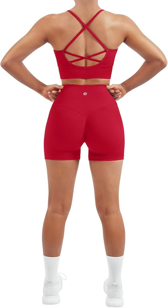 SUUKSESS Women Seamless 2 Piece Workout Sets Criss Cross Sports Bra High Waist Booty Shorts | Amazon (US)