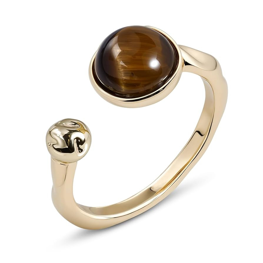 Tigers Eye Ring for Women - 14K Gold Plated Natural Gemstone Adjustable Open Ring, Double Brown R... | Amazon (US)