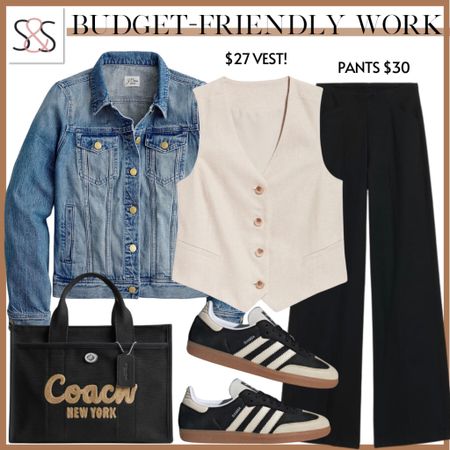 A soft vest with black work pants and a denim jean jacket is perfect for your work outfit!  I love these adidas for so many days of the week!

#LTKworkwear #LTKshoecrush #LTKstyletip