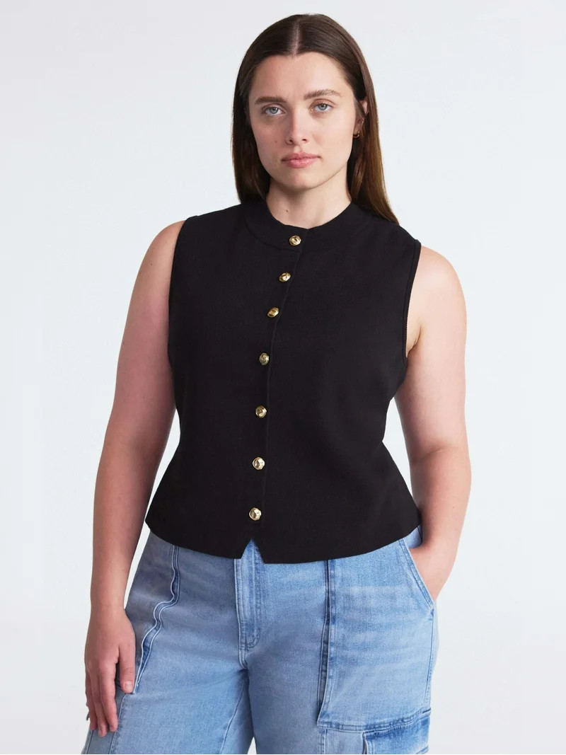 Scoop Women's and Women’s Plus Mockneck Sweater Vest with Gold Tone Buttons, Midweight, Sizes X... | Walmart (US)