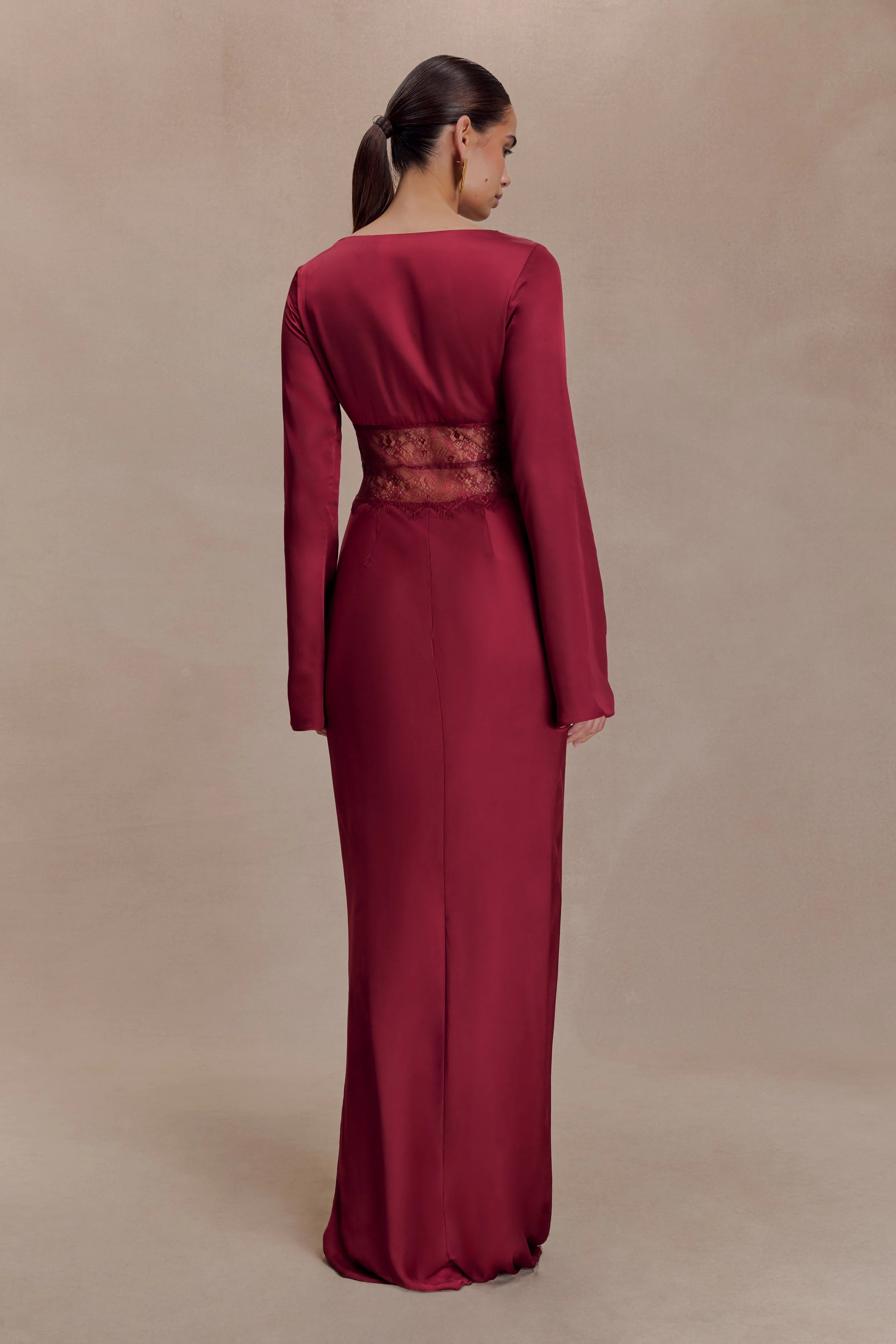Long Sleeve Satin And Mesh Maxi Dress - Wine | MESHKI US