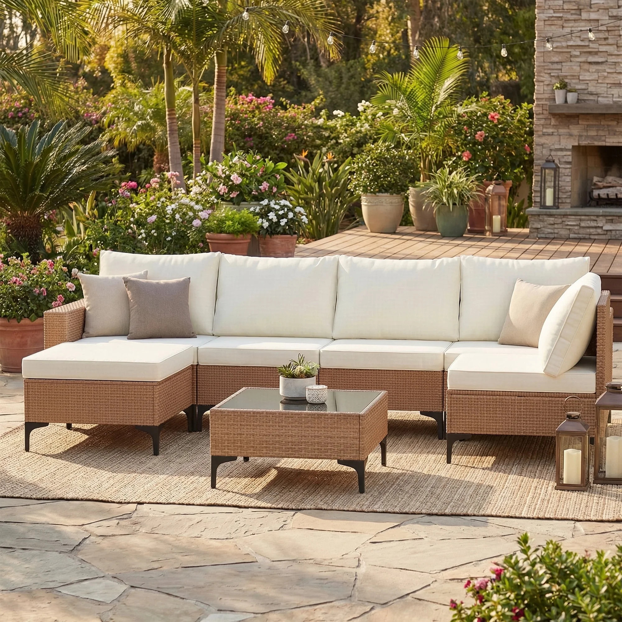 LAZZO 7-Piece Patio Conversation Set, Boho Outdoor Wicker Furniture with Beige Cushions & Glass C... | Walmart (US)