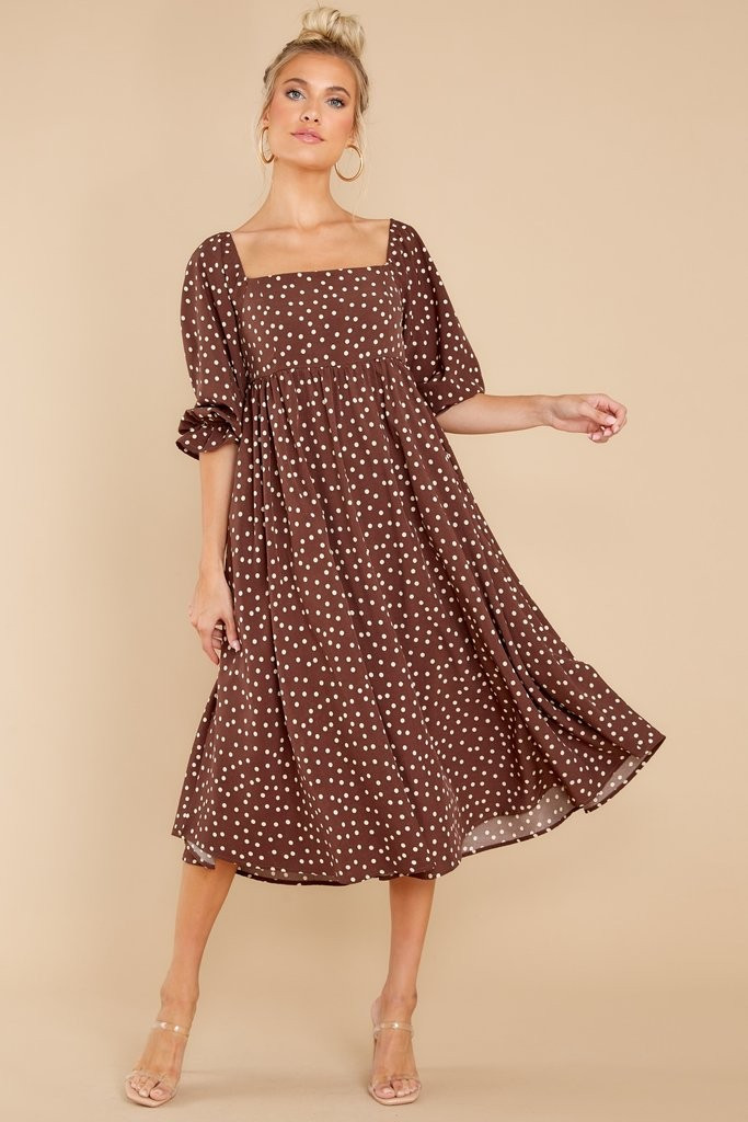 Smart And Polished Mocha Polka Dot Midi Dress | Red Dress 
