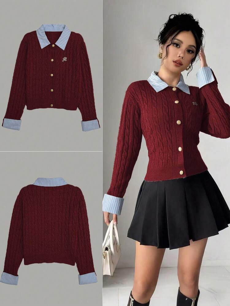 Rafferiza Fashionable Blogger Style 2 In 1 Patchwork Knit Cardigan Sweater Fall Winter Cloth For Women Retro Clothes Preppy Clothes Women Preppy Tops Dark Academia Clothes School Clothes Women | SHEIN