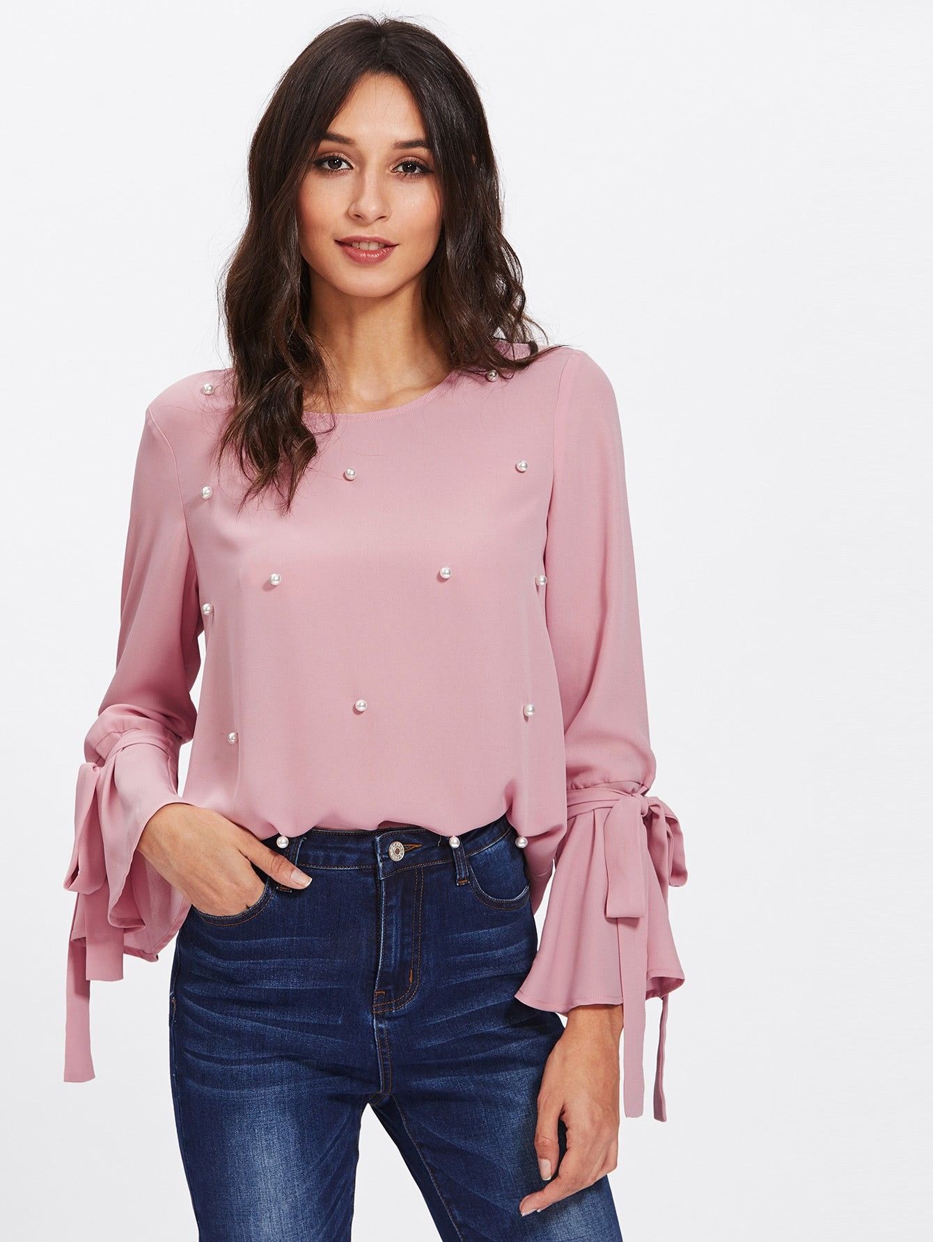 Pearl Embellished Bow Tied Bell Cuff Blouse | SHEIN