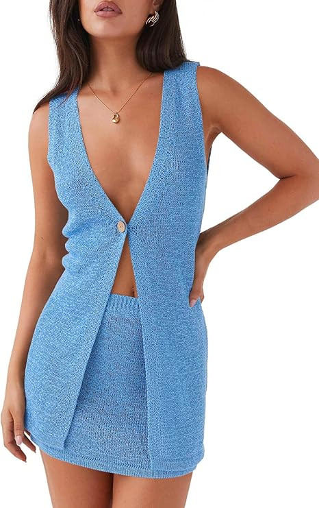 Tankaneo Womens 2 Piece Vacation Sets Sleeveless V Neck Long Vest Knit Top and Mini Skirt Summer ... | Amazon (US)