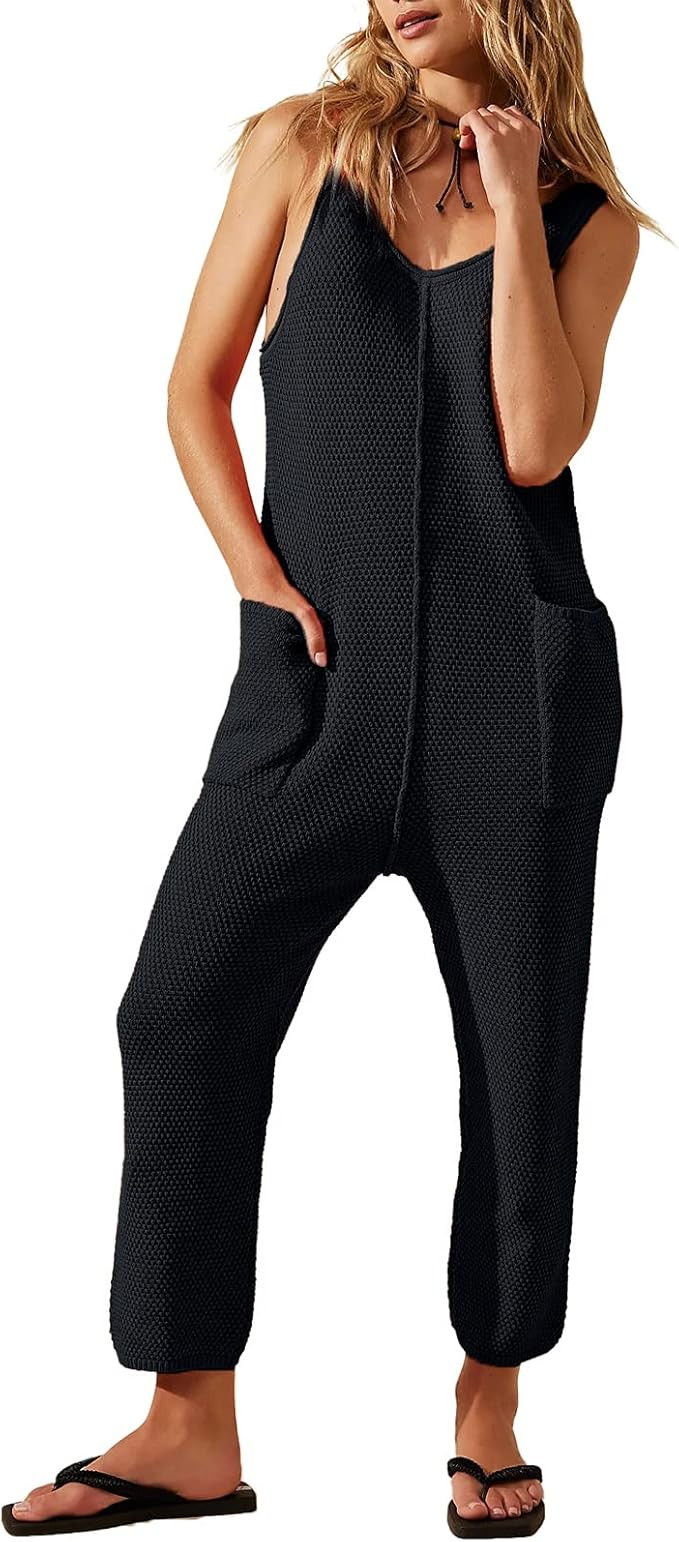 UATKIMI Women's Sweater Knit Rompers Casual Sleeveless Long Pants Jumpsuit V Neck Overalls with P... | Amazon (US)