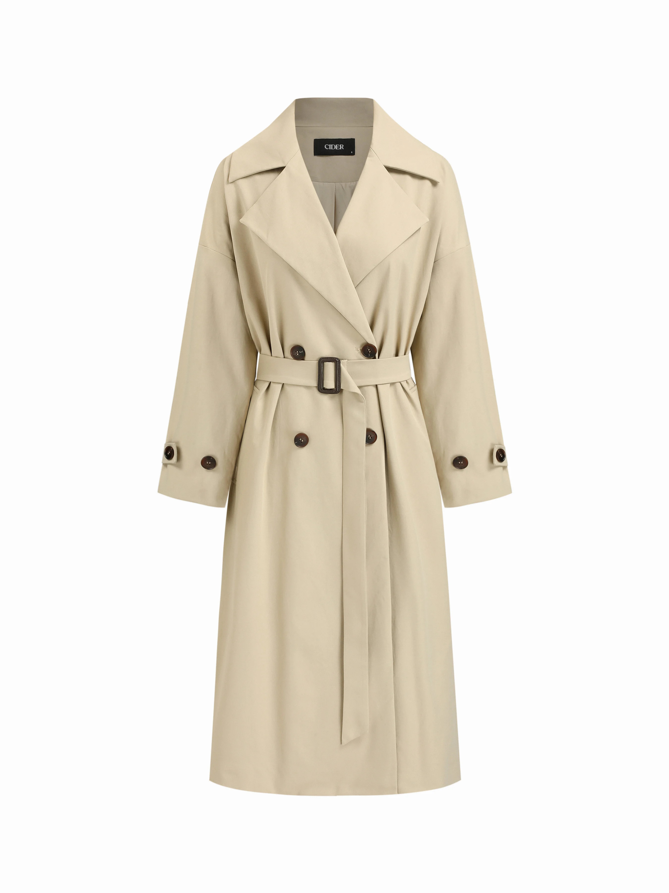 Woven Notched Collar Double Breasted Oversized Trench Coat With Belt For Work | Cider