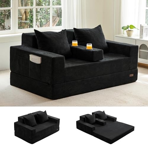MAXYOYO Loveseat Sofa Bed, 4 in 1 Foldable Floor Sofa Couch in A Box with 2 Cup Holders, Convertible Boneless Couch Folding Recliner Sleeper Chair for Living Room, No Assembly Required, Black | Amazon (US)