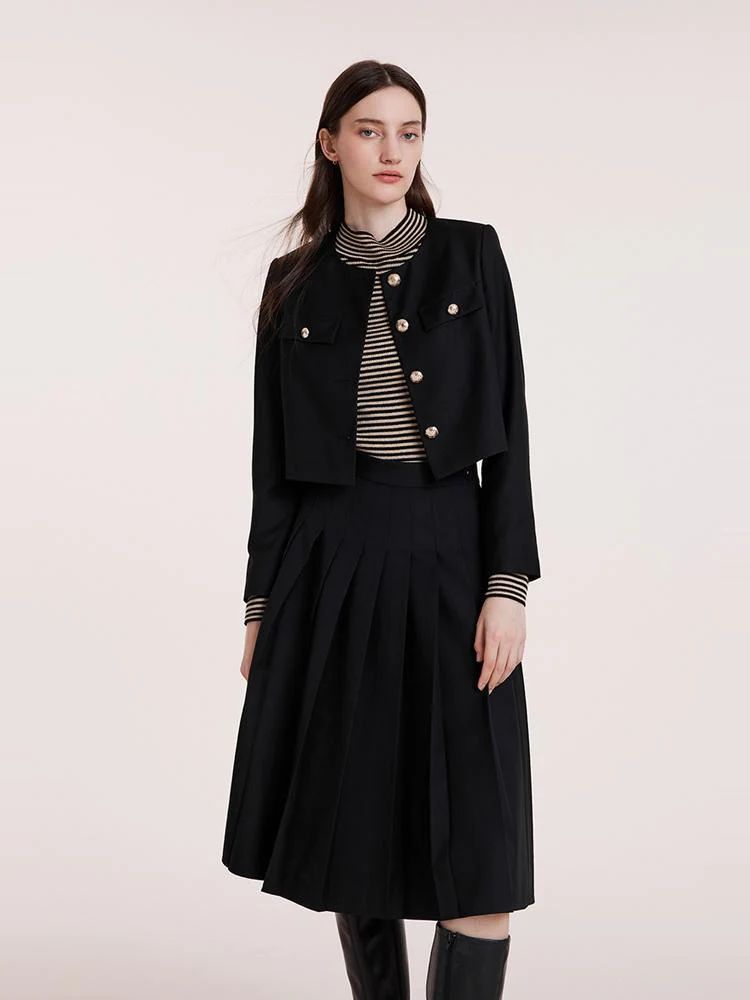 Black College Style Short Women Jacket And Skirt Set | GOELIA