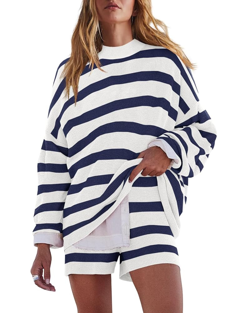 LAMISSCHE Womens Oversized Lounge Sets 2 Piece Outfits Striped Matching Pajama Set Long Sleeve Sw... | Amazon (US)
