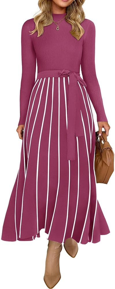 ZESICA Womens 2026 Spring Turtleneck Long Sleeve Sweater Dress Tie Waist Casual Loose Ribbed Knit... | Amazon (US)