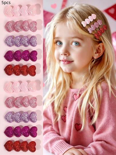 5pcs Valentine's Day Multi-Color Bow Hair Clips, Fabric Glitter Heart Decor Alligator Clips Bow H... | SHEIN