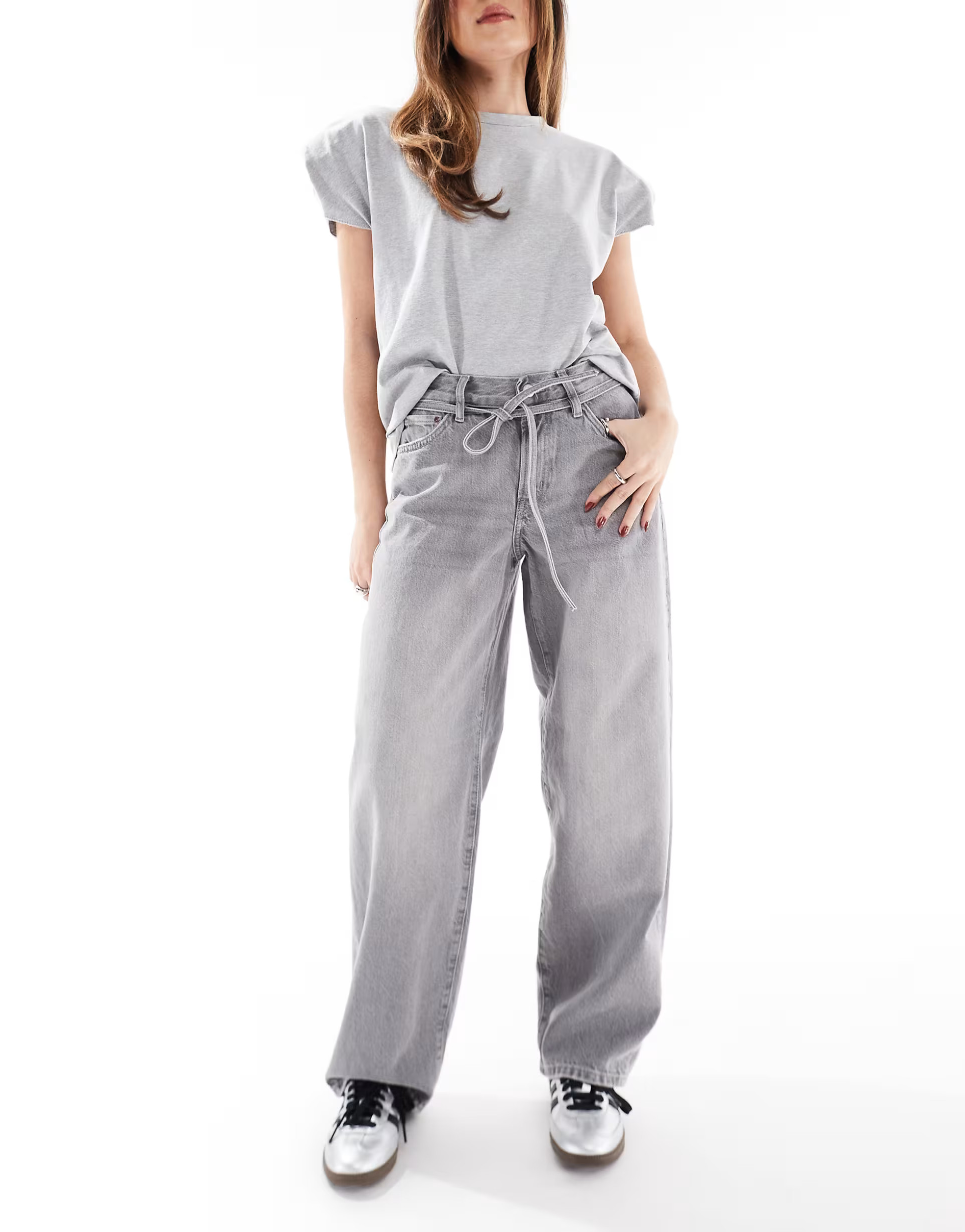 ONLY Gianna mid waist baggy jeans with tie waist in washed gray | ASOS (Global)